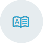 An open book icon with a blue outline and the letter 