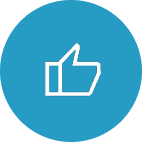 A white outline of a thumbs up icon is centered on a solid blue circular background.
