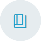 Blue outline icon of a book centered on a light gray circular background.